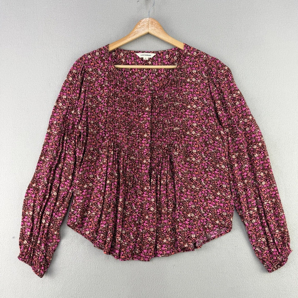 Lucky Brand Floral Button Up Blouse Women Small Pink Boho Flowy Long Sleeve